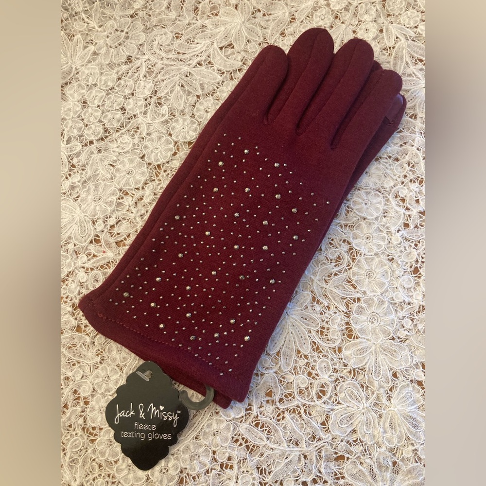 NWT EMBELLISHED Gloves Jack & Missy fleece lined texting gloves BURGUNDY…